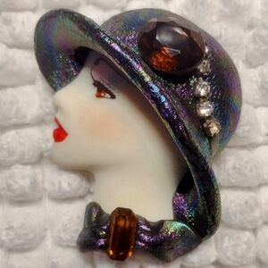 vintage lady with hat, rhinestone brooch, 2" l x 1.5" w